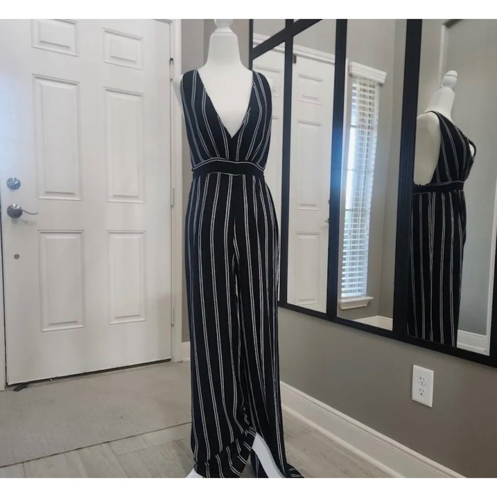 Privy Striped Deep V-Neck Open Back Wide Leg Jumpsuit Medium Clean Girl